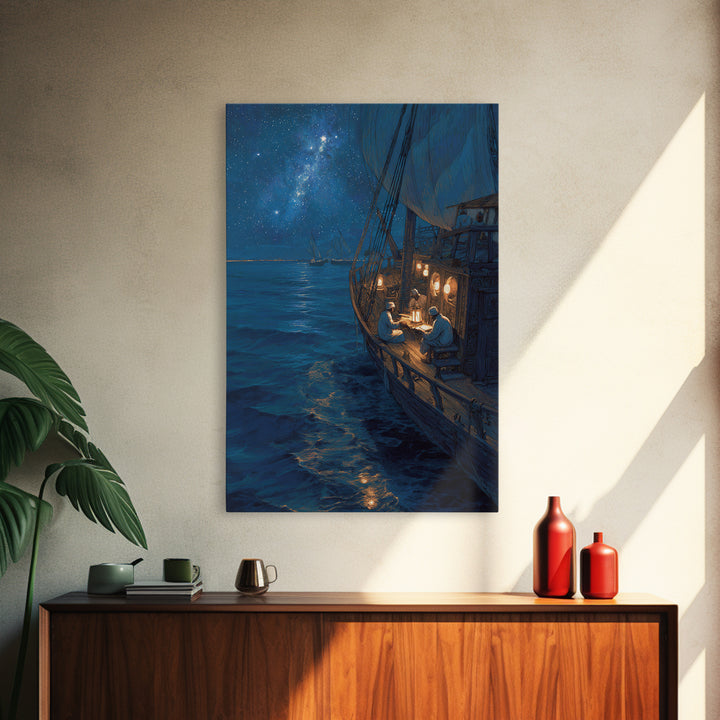 Sailors Reading By Lantern On Historic Ship Under Starry Night Sky Wall Art Framed Canvas Print For Nautical Home Decor