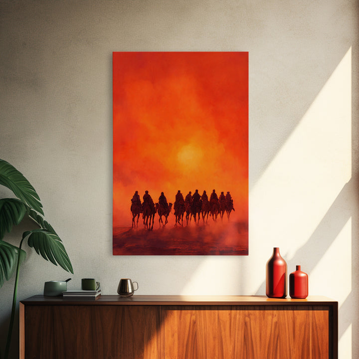 Silhouettes Of Travelers On Camels Against Vibrant Orange Sunset Desert Landscape Wall Art Canvas Print