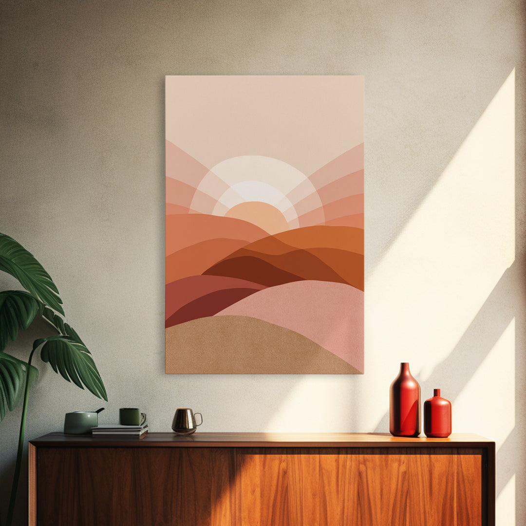 Terracotta Desert Sunrise Over Layered Hills Framed Canvas Print, Boho Wall Art, Earth Tone Decor, Large Abstract Landscape