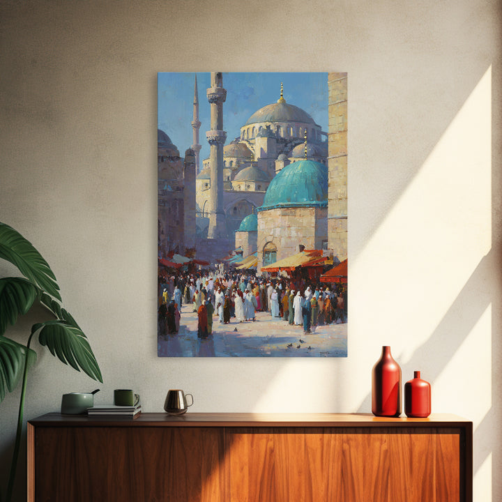 Islamic Architecture Mosque At Night Under Starry Sky With Reflective Marble Floor Wall Art Framed Canvas Print For Spiritual Decor