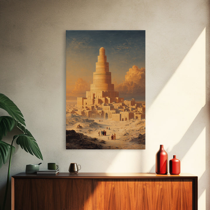 Majestic Ancient Tower With People And Sunset Sky Painting Wall Art Framed Canvas Print For Home Decor
