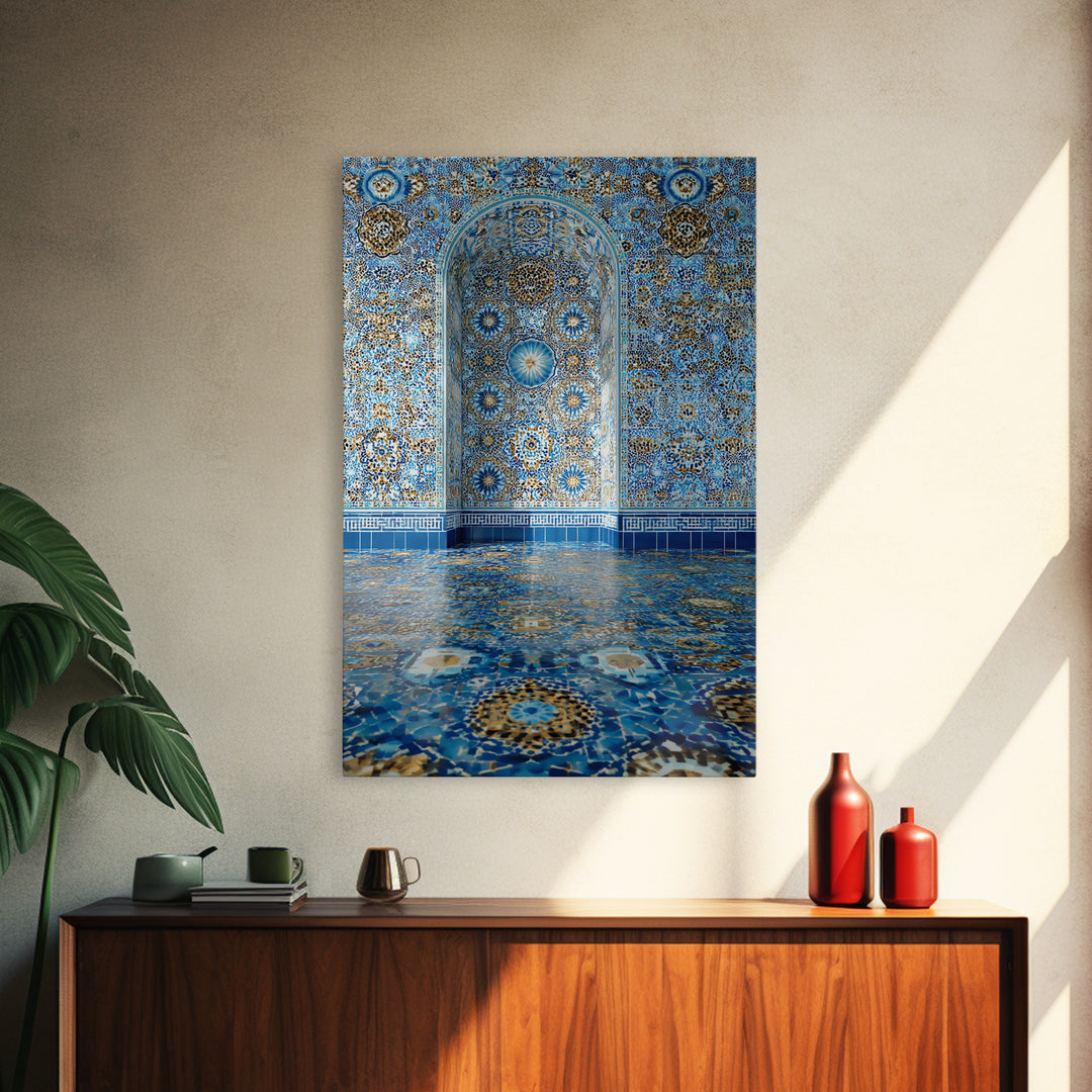 Intricate Islamic Tile Pattern Blue And Gold Wall Art Framed Canvas Print Featuring Elegant Cultural Home Decor Or Gift