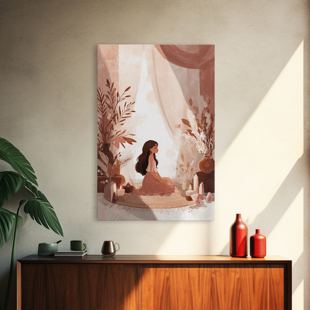 Boho Meditation Girl With Crystals And Pampas Framed Canvas Print, Yoga Studio Wall Art, Spiritual Decor, Boho Home Decor Gift