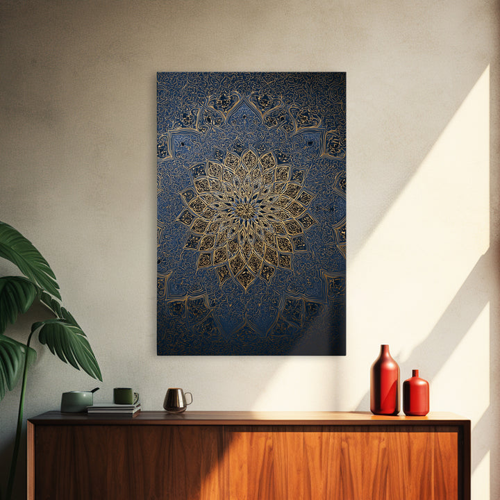 Intricate Blue And Gold Islamic Mandala Wall Art With Ornate Patterns Framed Canvas Print For Elegant Modern Home Decor