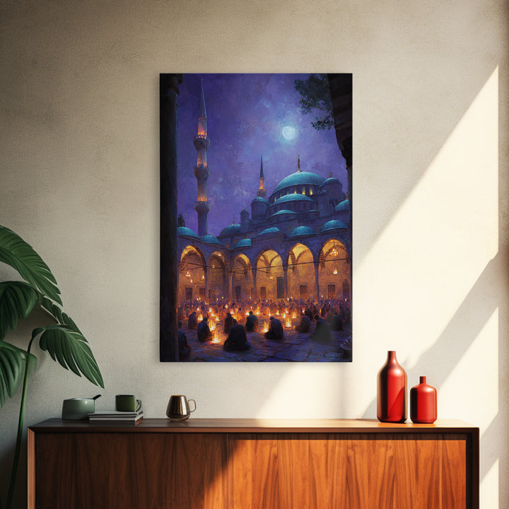 Starry Night Prayer Scene With Glowing Lamps And Mesmerizing Night Sky In Traditional Islamic Architecture Wall Art
