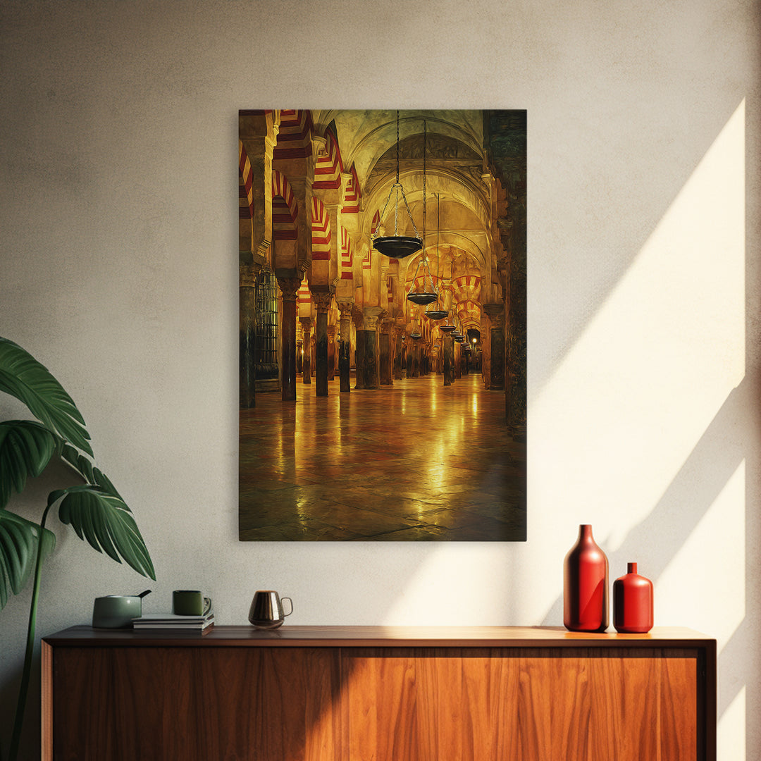 Golden Mosque Interior Glowing Warm Light Framed Canvas Islamic Wall Art Traditional Architecture Home Decor