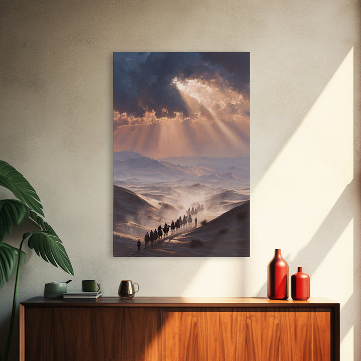 Desert Caravan Landscape Painting Dramatic Sunset Wall Art Framed Canvas Print For Southwest Home Decor Gift