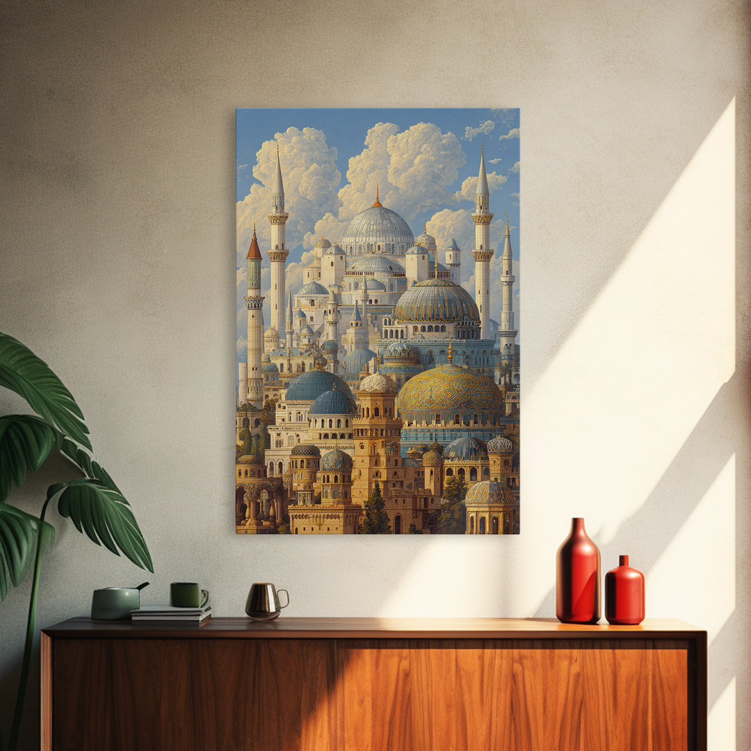Detailed Ottoman Mosque Architecture With Puffy Clouds Original Landscape Oil Painting Wall Art For Home Or Office Decor