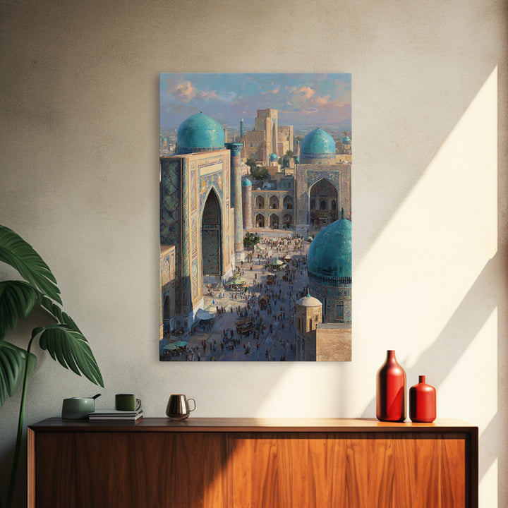 Sunlit Oriental Market Street With Blue Domed Buildings Painting Wall Art Framed Canvas Print