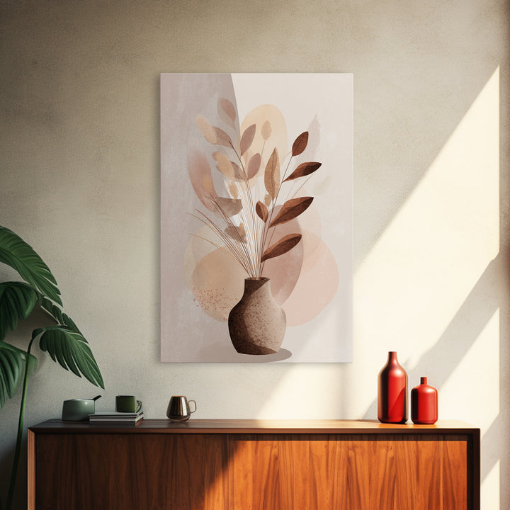 Neutral Botanical Vase With Soft Abstract Leaves Framed Canvas Print, Minimalist Wall Art, Japandi Decor, Modern Home Decor