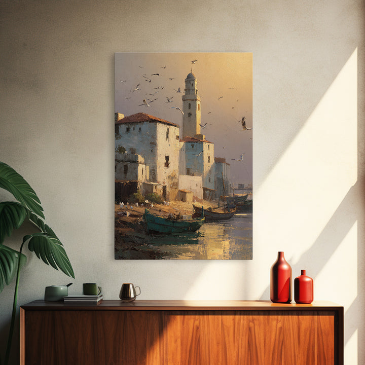 Quiet Coastal Town Harbor Scene With Boats And Warm Light Canvas Print Wall Art For Nautical Home Decor And Living Room Wall Art