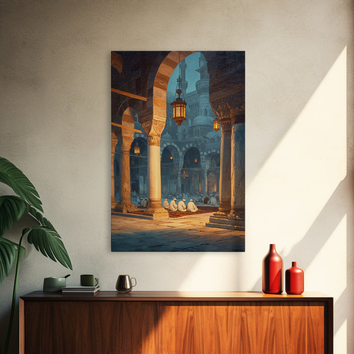 Ancient Mosque Interior With Worshippers And Pillars Framed Canvas Print Islamic Wall Art Modern Home Decor