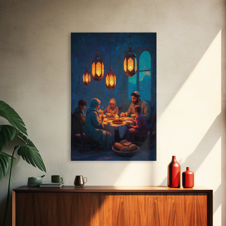 Warm Family Dinner Scene Oil Painting Inspired Wall Art Framed Canvas Print For Cozy Home Decor Gift For Loved Ones
