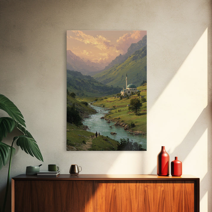 Peaceful Mountain Village With Flowing River Landscape Oil Painting Canvas Print For Nature Lovers And Tranquil Wall Decor