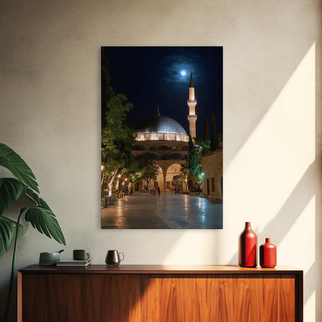 Nighttime Mosque With Illuminated Minaret Photography Wall Art Framed Canvas Print Spiritual Home Decor