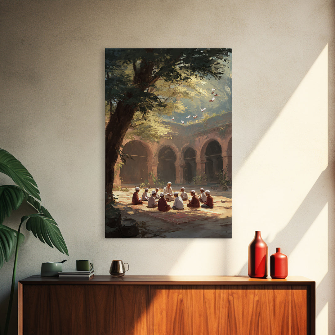 Golden Doves In Sunlit Forest Scenic Nature Painting Framed Canvas Print Rustic Cozy Wall Art For Home