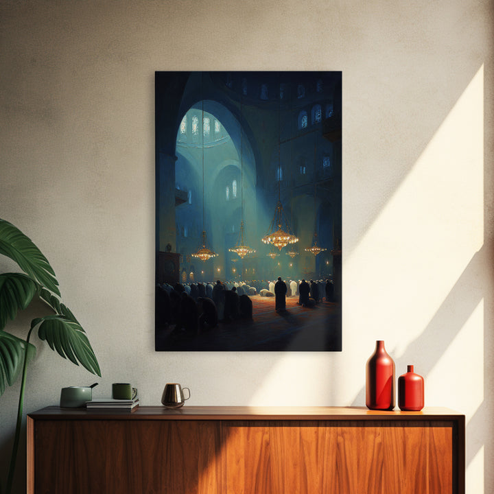 Spiritual Worship Scene Inside Cathedral With Light Beams And Congregation Modern Wall Art Canvas Print For Living Room Décor