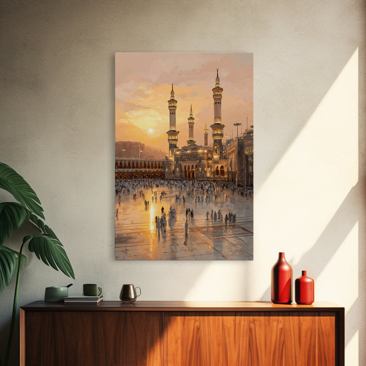 Sunset Over Mecca Mosque Digital Painting Wall Art Framed Canvas Print For Islamic Home Decor And Spiritual Gifts