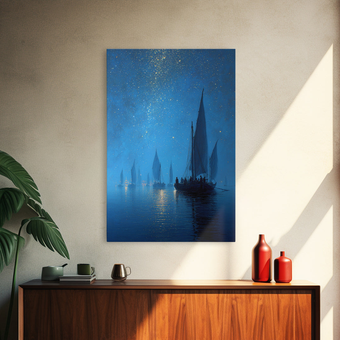 Starry Night Sailboat Scene With Glittering Sky And Calm Water - Modern Wall Art For Living Room Decor