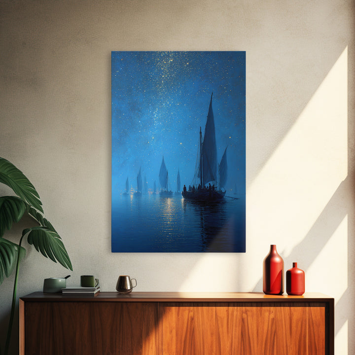 Starry Night Sailboat Scene With Glittering Sky And Calm Water - Modern Wall Art For Living Room Decor