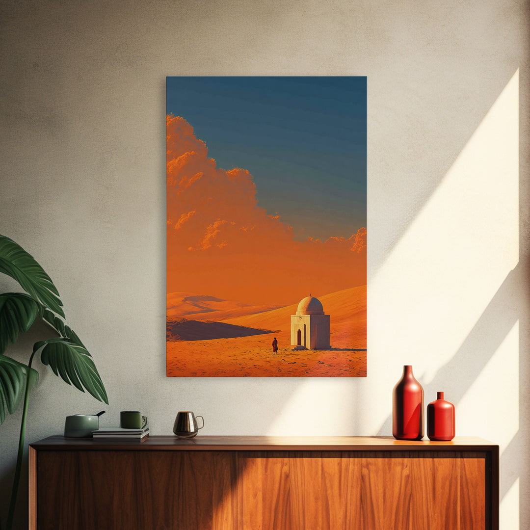 Desert Landscape With Monochrome Architecture And Vibrant Orange Sky Wall Art Framed Canvas Print For Home
