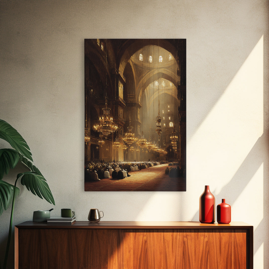 Majestic Mosque Interior With Warm Golden Light And Praying Crowd Religious Wall Art Perfect Home Decor