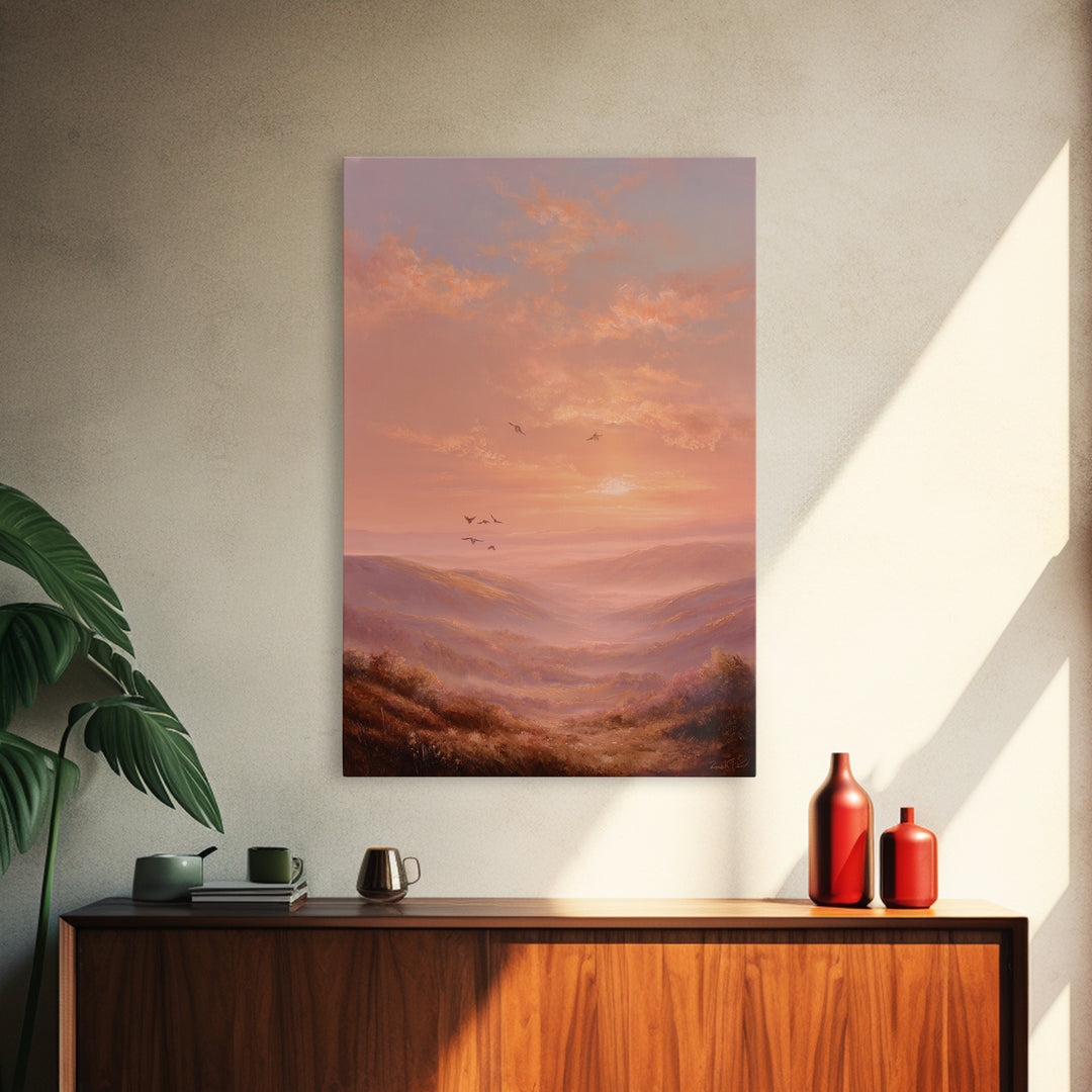 Golden Sunset Mountain Valley With Birds Framed Canvas Print, Landscape Wall Art, Warm Nature Decor, Living Room Wall Decor