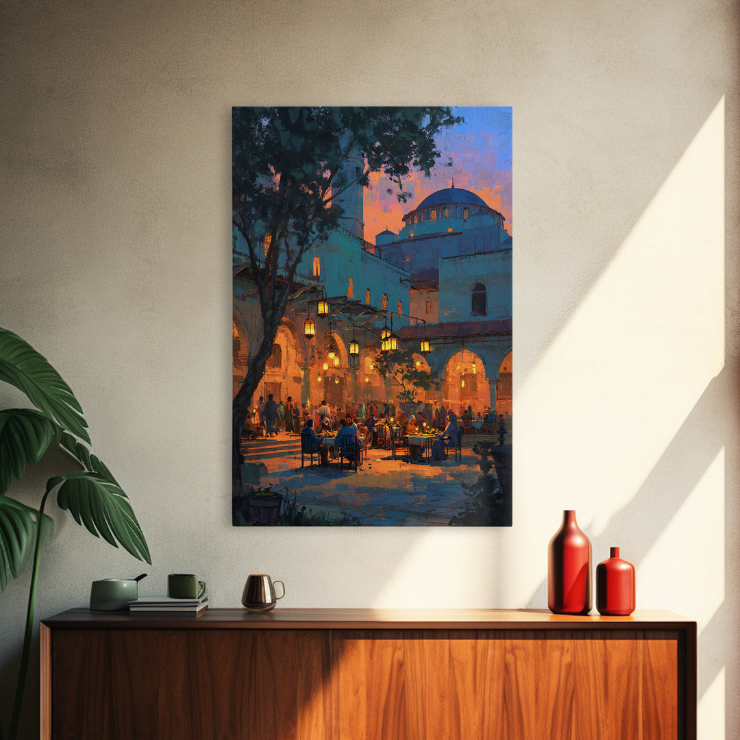 Serene Evening Mosque Courtyard With Warm Light And People Digital Painting Canvas Print For Cultural And Cozy Wall Decor
