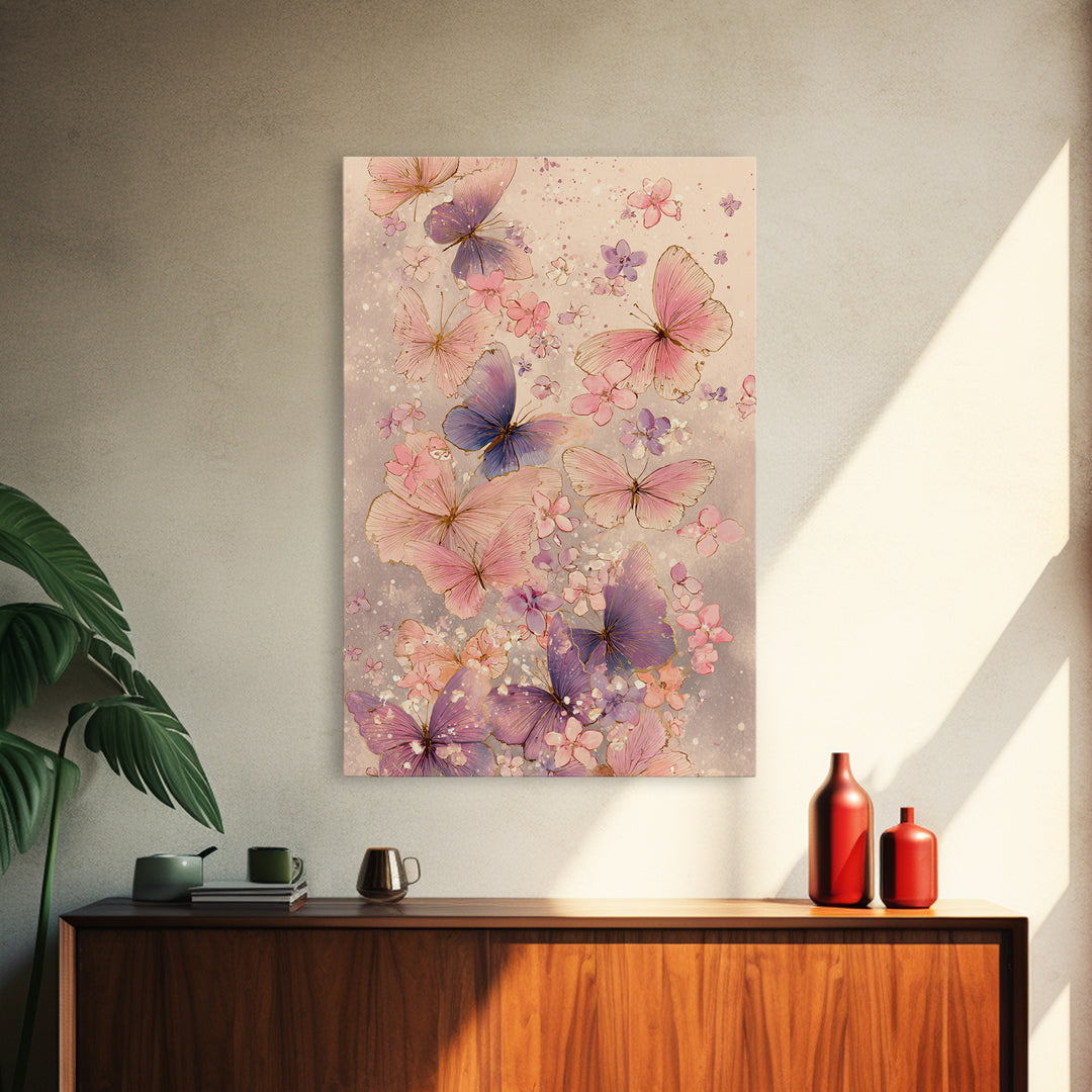 Pink And Purple Butterflies With Tiny Blossoms Framed Canvas Print, Feminine Wall Art, Butterfly Art Print, Nursery Decor