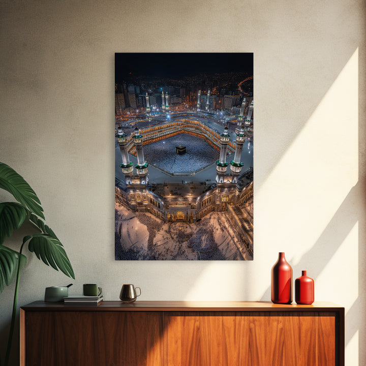 Aerial Nighttime View Of Mecca Holy Mosque And Kaaba Islamic Spiritual Artwork Large Wall Art Framed Canvas Print For Home Decor