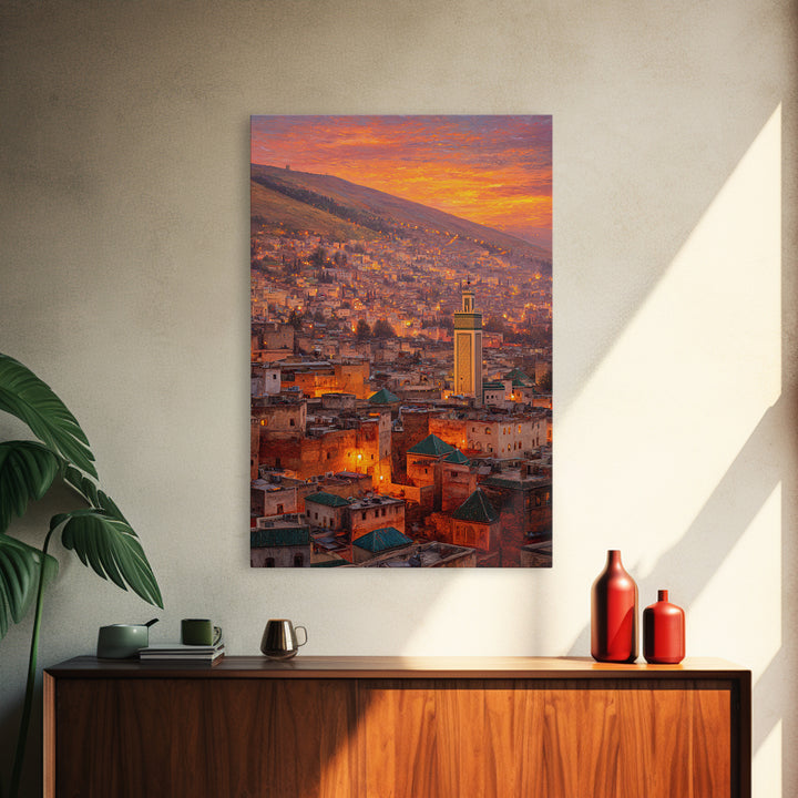 Sunlit Moroccan Cityscape At Dawn With Vibrant Orange Hues And Traditional Green Tiled Roofs Wall Art