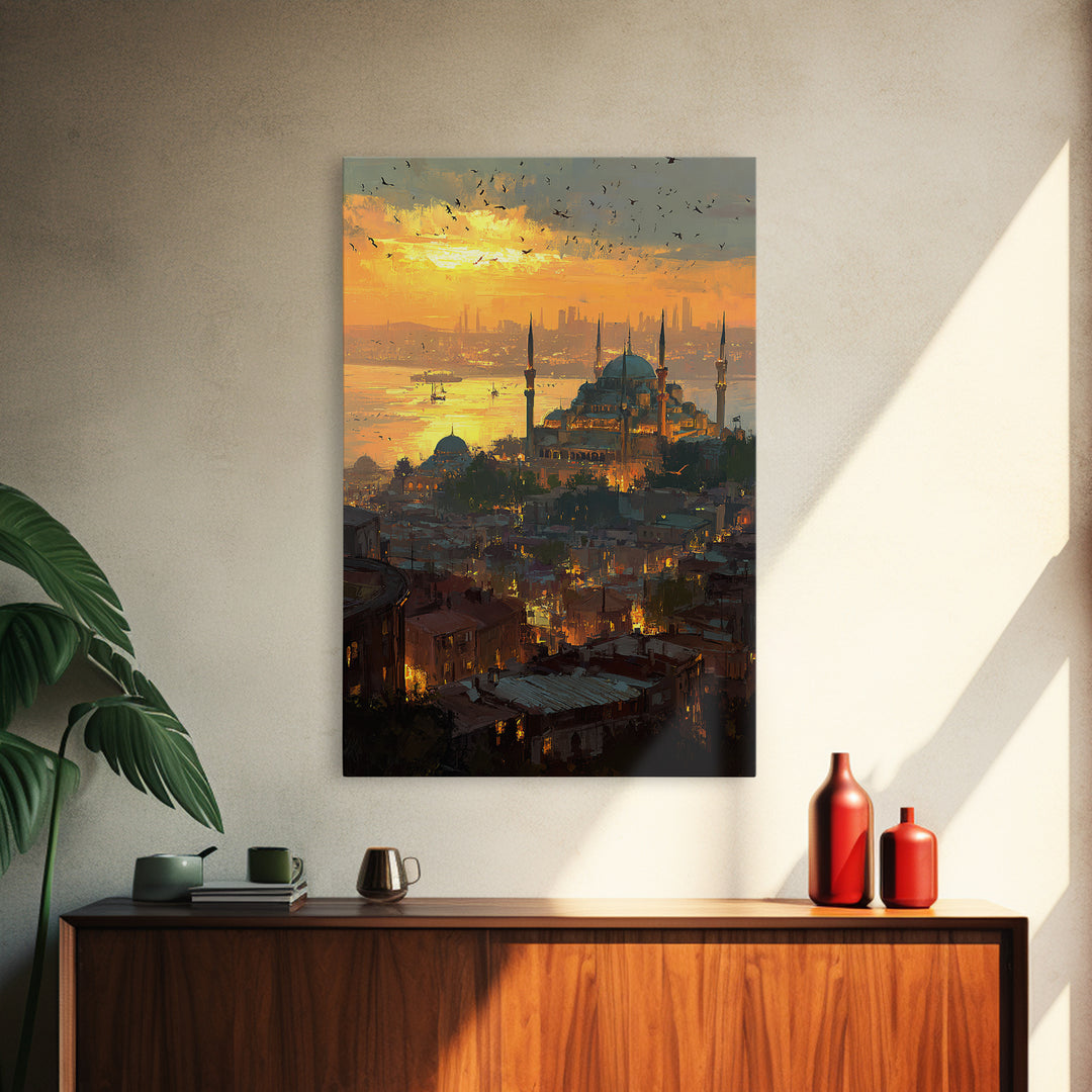 Sunset Cityscape With Mosque And Glowing Skyline Vibrant Fine Art Canvas Print For Urban Wall Decor