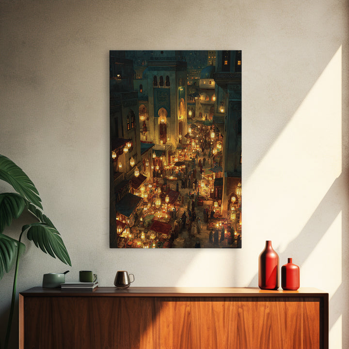 Bustling Middle Eastern Market At Night Glowing Lanterns Exotic Bazaar Wall Art Framed Canvas Print For Decor