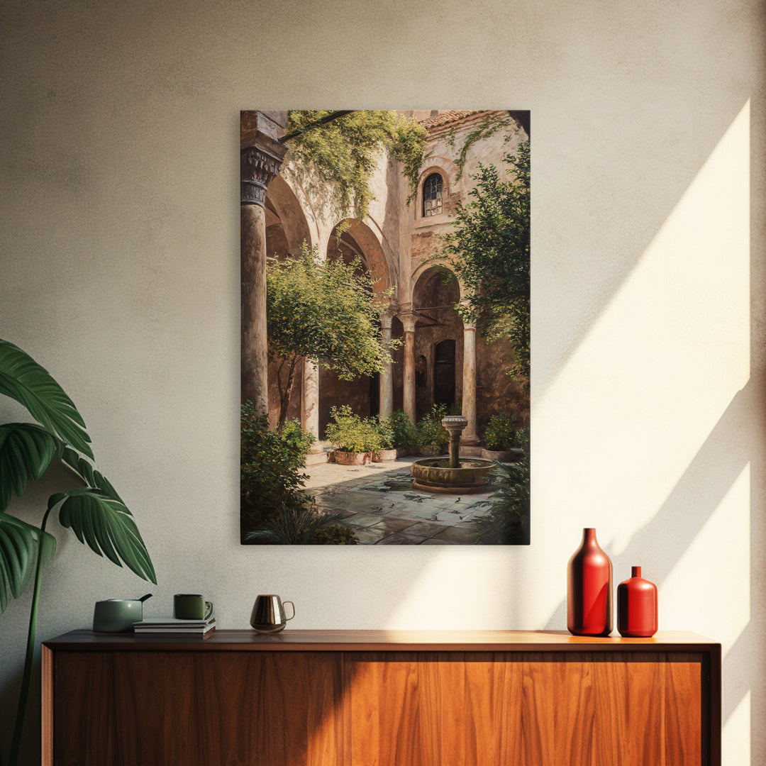 Sunlit Mediterranean Courtyard Garden Wall Art Framed Canvas Print For Rustic Home Decor