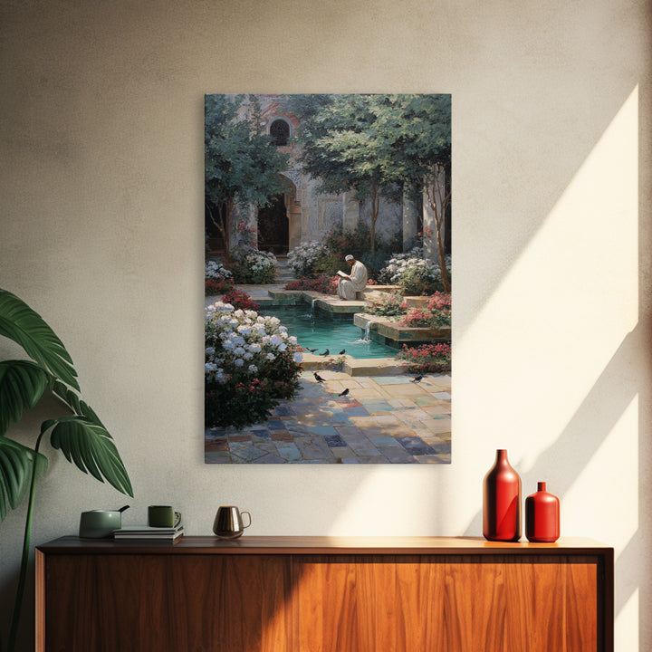 Serene Islamic Courtyard With Reflective Pool And Reading Man Oriental Framed Canvas Print Elegant Wall Art For Sophisticated Home