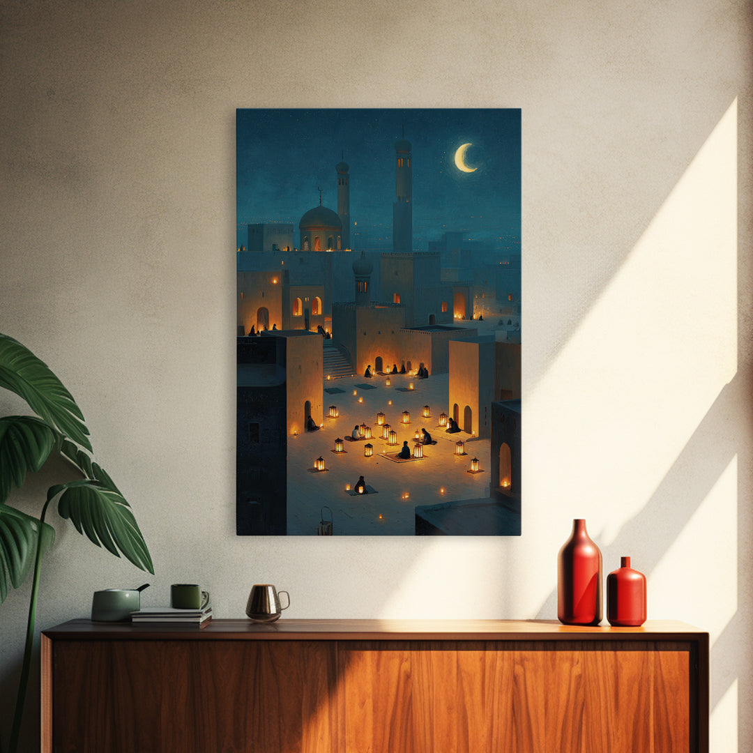 Peaceful Lantern Lit Desert Scene With Blue Twilight Desert Night Wall Art Framed Canvas Print For Bedroom