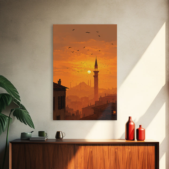 Golden Hour Sunset Over Cityscape With Birds Flying Wall Art Canvas Print For Warm Home Decor And Relaxing Living Room