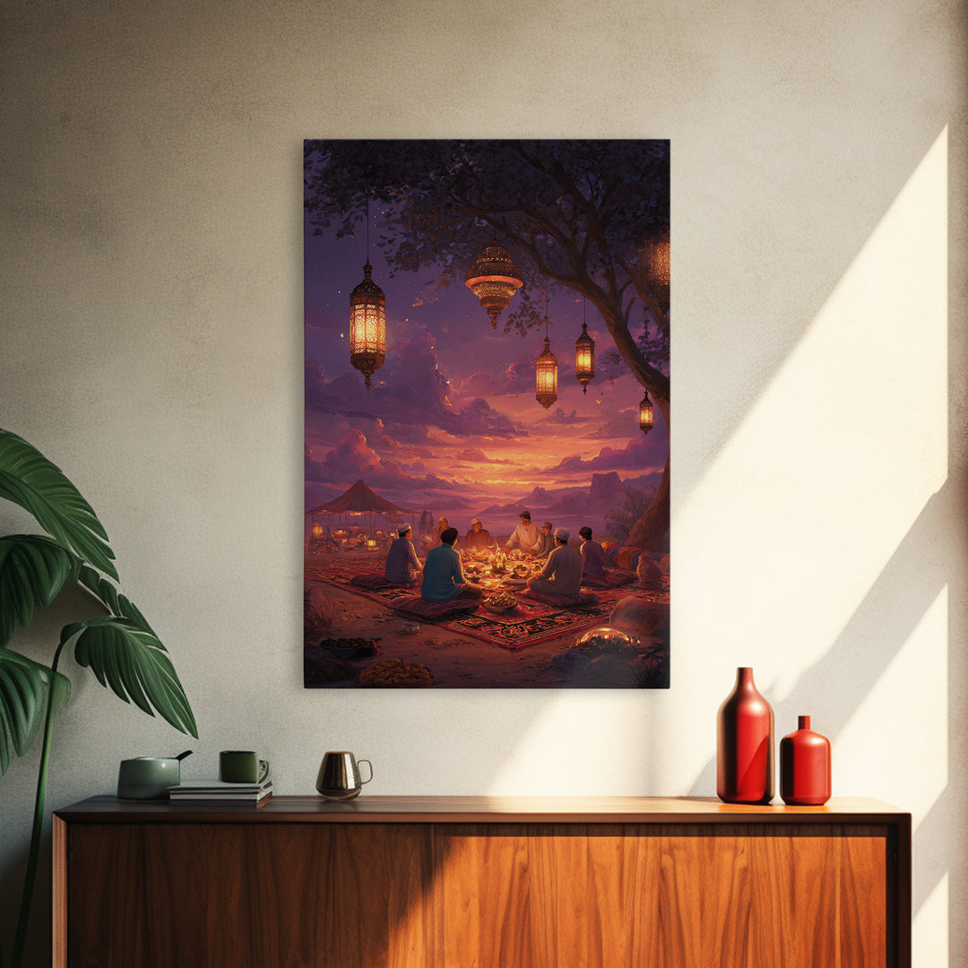 Illustrated Lanterns Night Scene Moroccan Style Wall Art Boho Home Decor Framed Canvas Print
