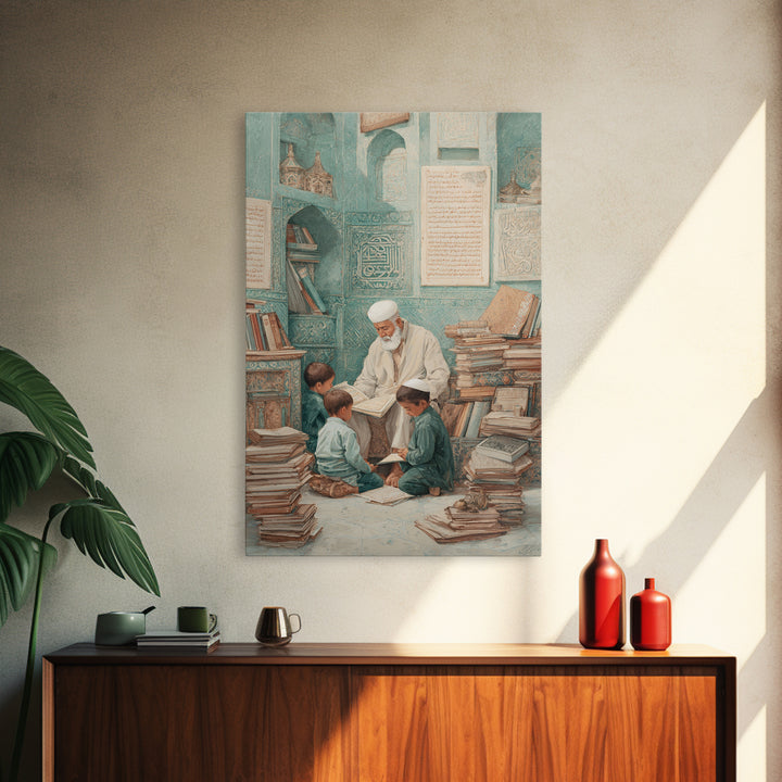 Traditional Islamic Learning Scene With Elderly Teacher And Students Wall Art Framed Canvas Print For Home Decor