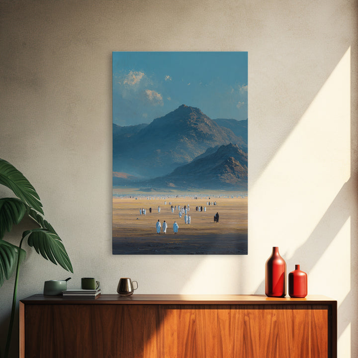 Expansive Desert Landscape With People Traveling Artistic Wall Art Framed Canvas Print For Minimalist Rustic Home Decor