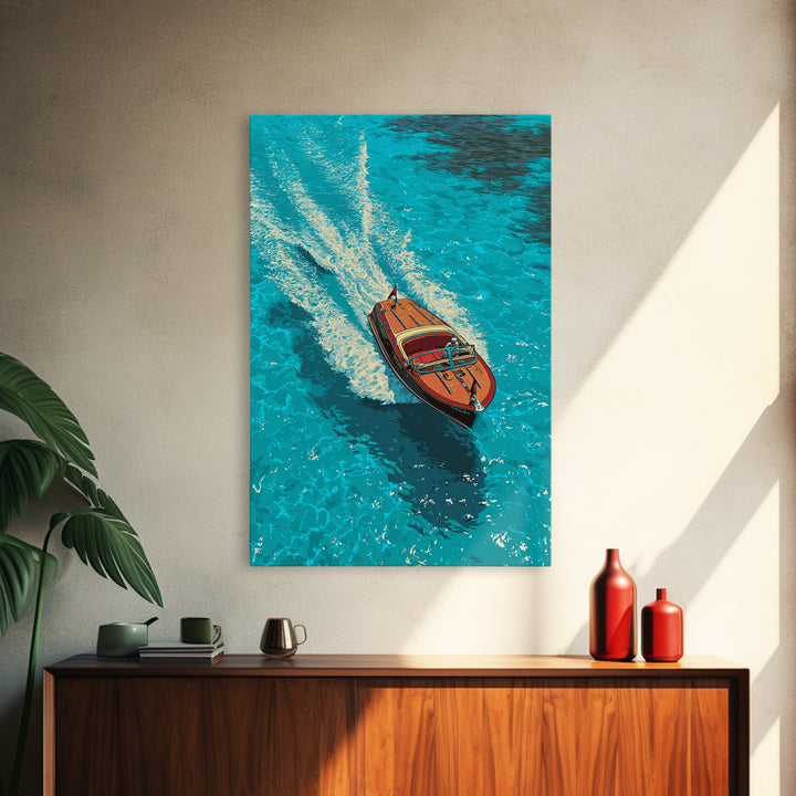 Classic Wooden Speedboat Zooming Through Deep Blue Water - Vibrant Canvas Print For Coastal Wall Art
