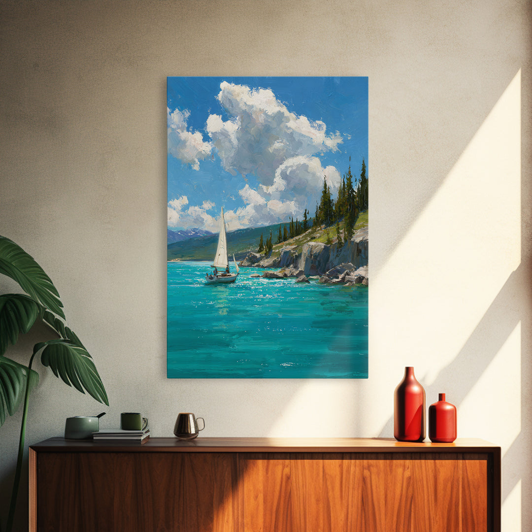 Serene Mountain Lake Sailing Scene Oil Painting Canvas Print For Calm Living Room Decor And Nautical Wall Art