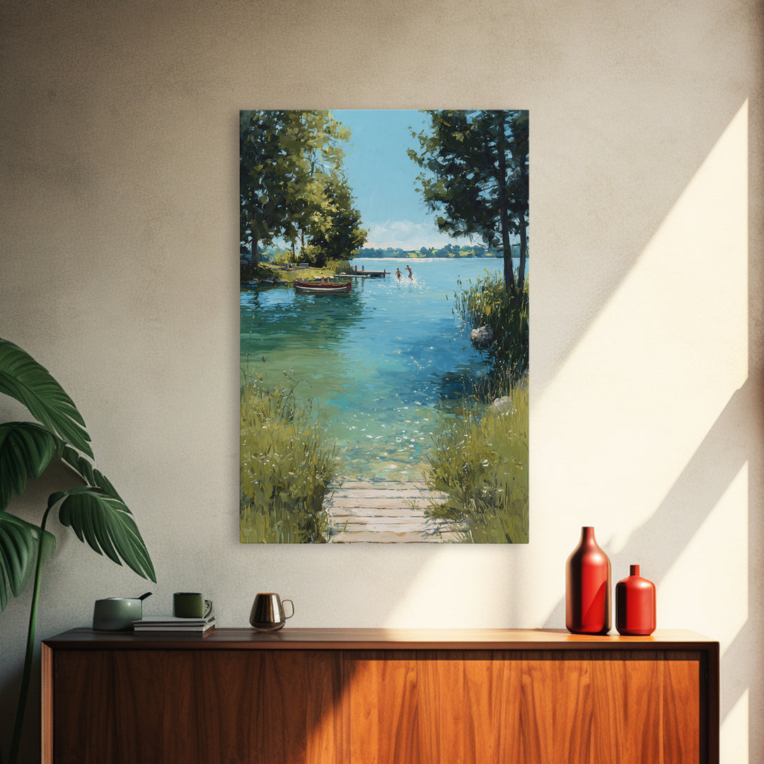 Peaceful Summer Lake Scene With Canoe And Children Splashing Wall Art Serene Landscape Framed Canvas Print Nature Decor