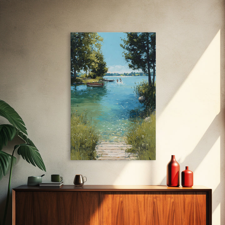 Peaceful Summer Lake Scene With Canoe And Children Splashing Wall Art Serene Landscape Framed Canvas Print Nature Decor