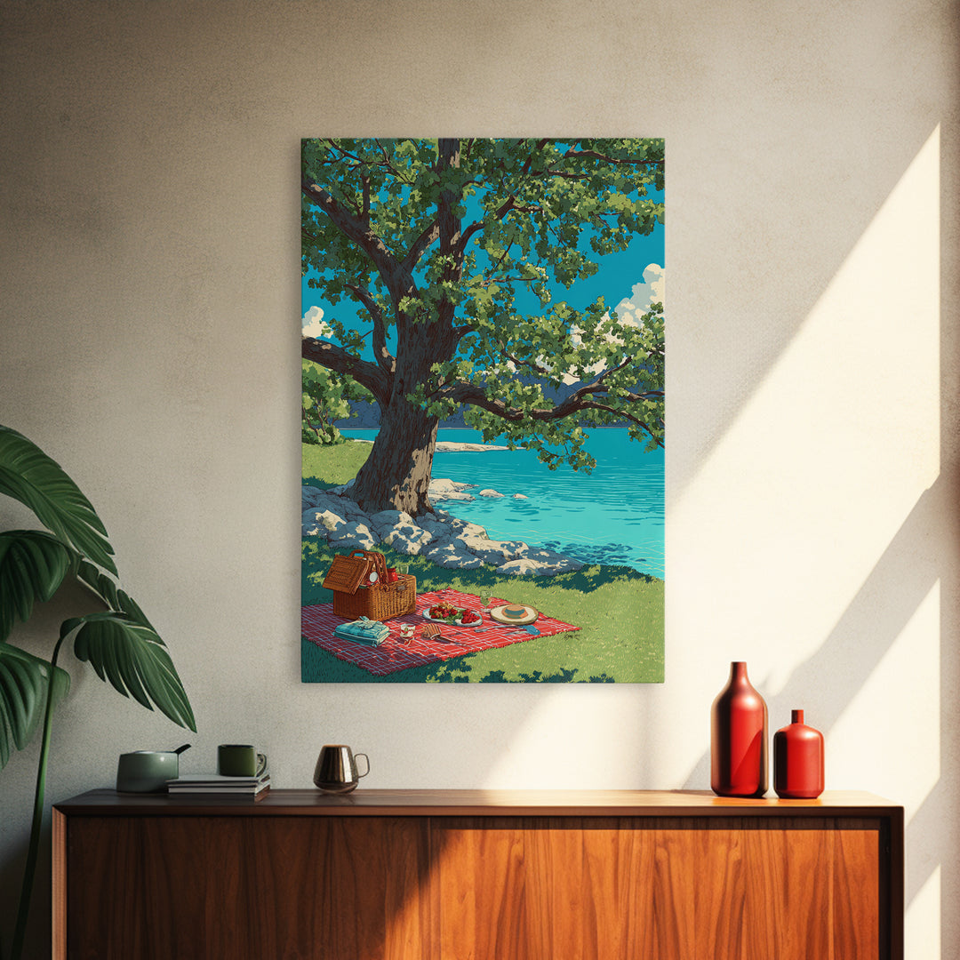 Peaceful Picnic Beside Lake With Oak Tree And Bright Blue Water Canvas Print Modern Wall Art For Living Room