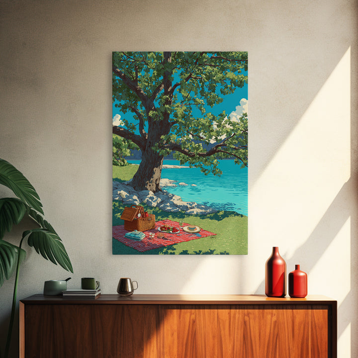Peaceful Picnic Beside Lake With Oak Tree And Bright Blue Water Canvas Print Modern Wall Art For Living Room