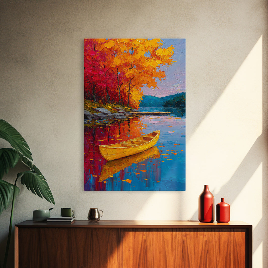 Vibrant Autumn Lake Scene With Yellow Canoe And Colorful Trees Wall Art Framed Canvas Print Fall Landscape Home Decor