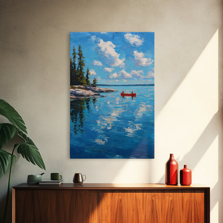 Pristine Lake Scene With Canoe And Pine Trees Under Blue Sky Captured In Classic Impasto Oil Painting