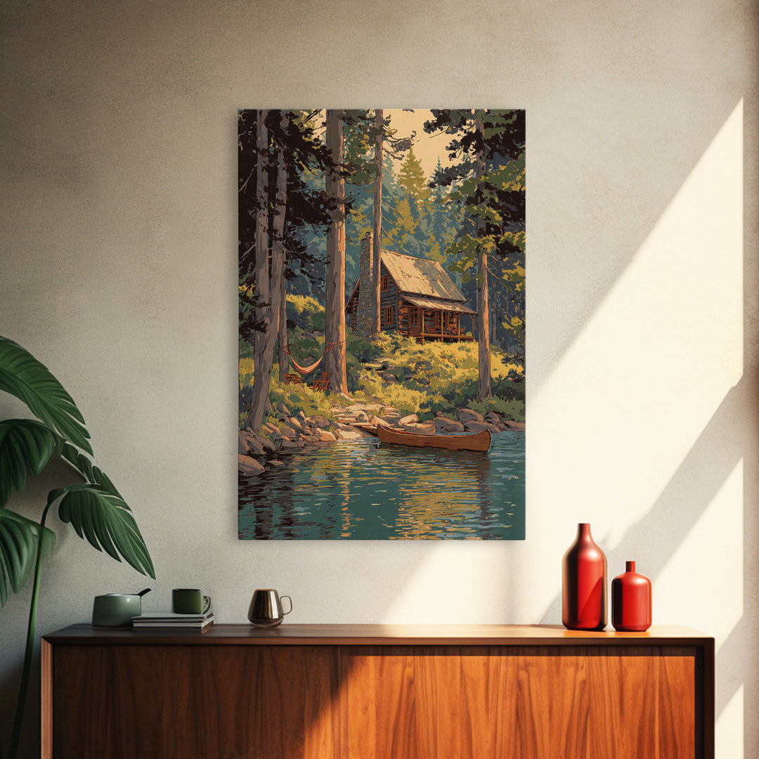Cozy Log Cabin In Forest Landscape Painting Wall Art Boho Rustic Canvas Print For Cabin And Farmhouse Home Decor