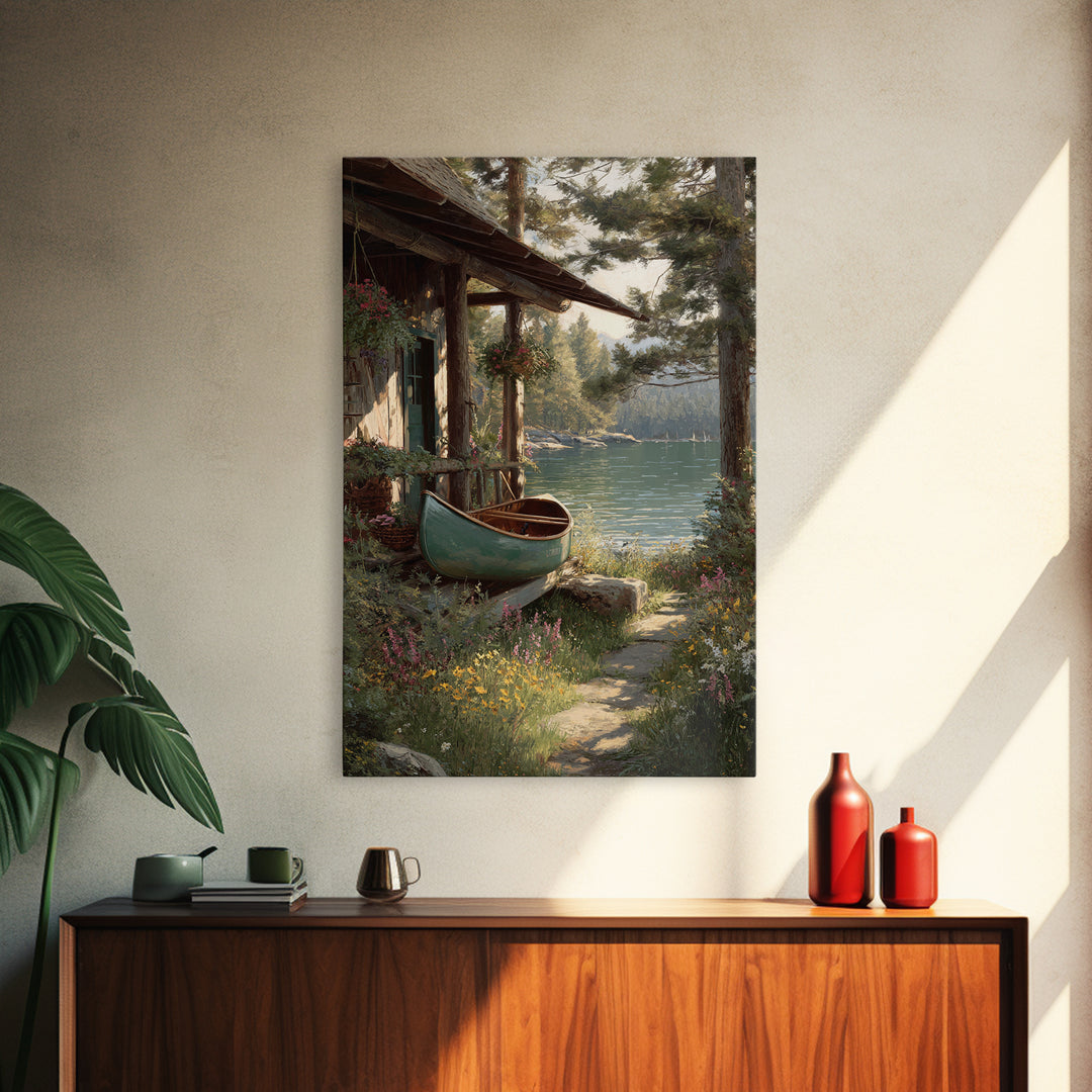Peaceful Lakeside Cabin With Canoe Surrounded By Wildflowers Wall Art Framed Canvas Print For Rustic Home Decor
